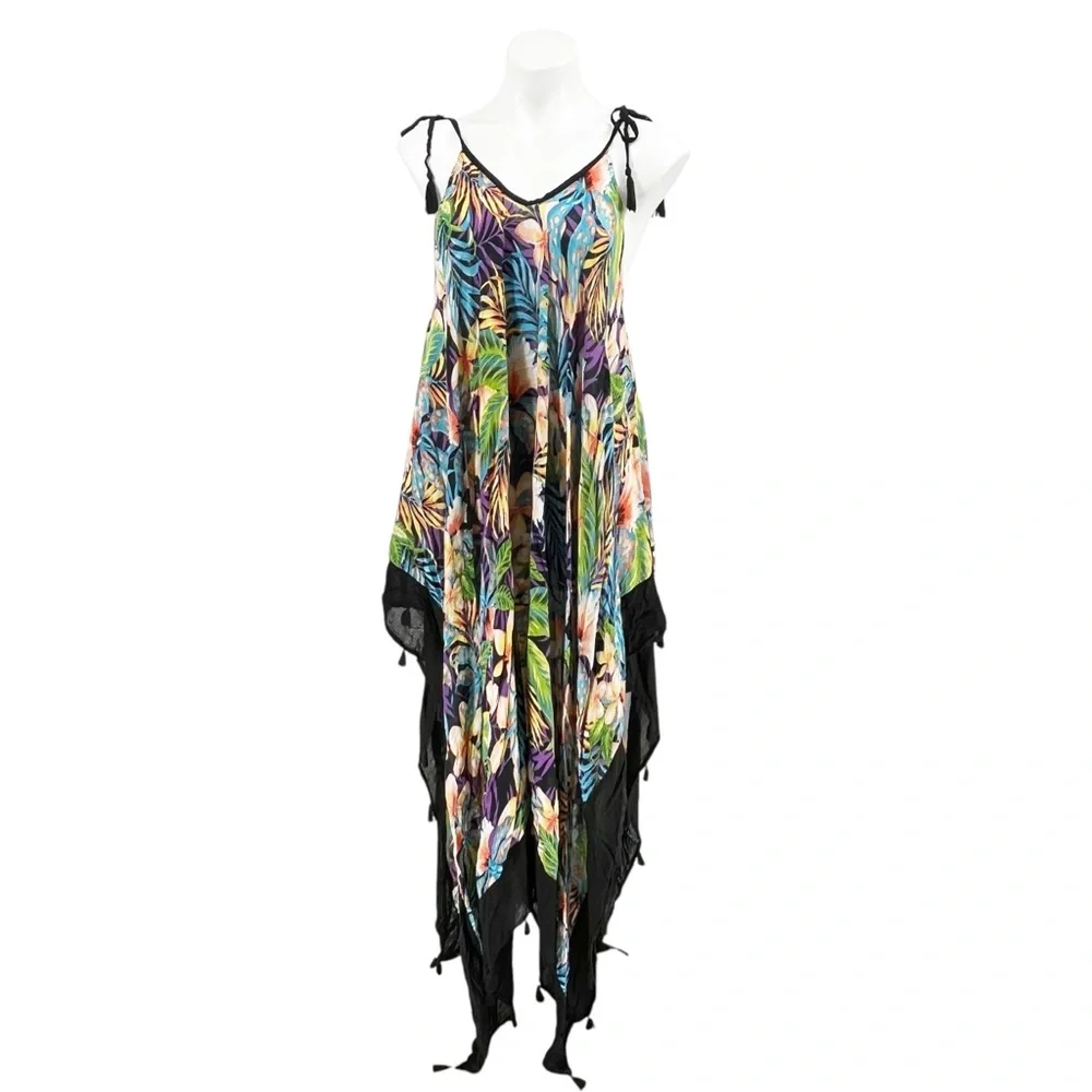 Vince Camuto Tropical Palm Handkerchief Hem Tassel Cover Up Dress One Size - Picture 2 of 9